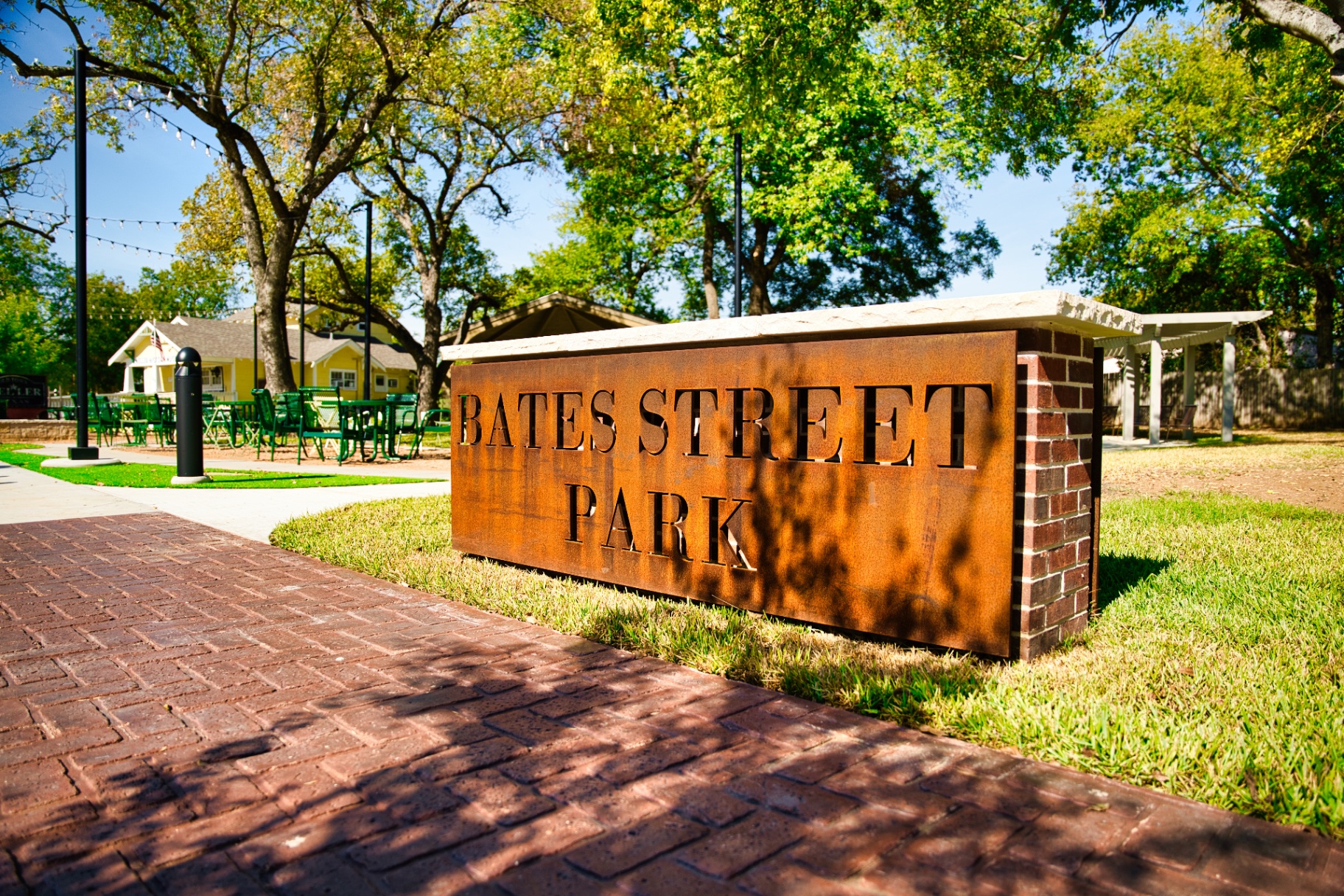 A historic wagon sign along Bates Street in Old Town Keller, Texas