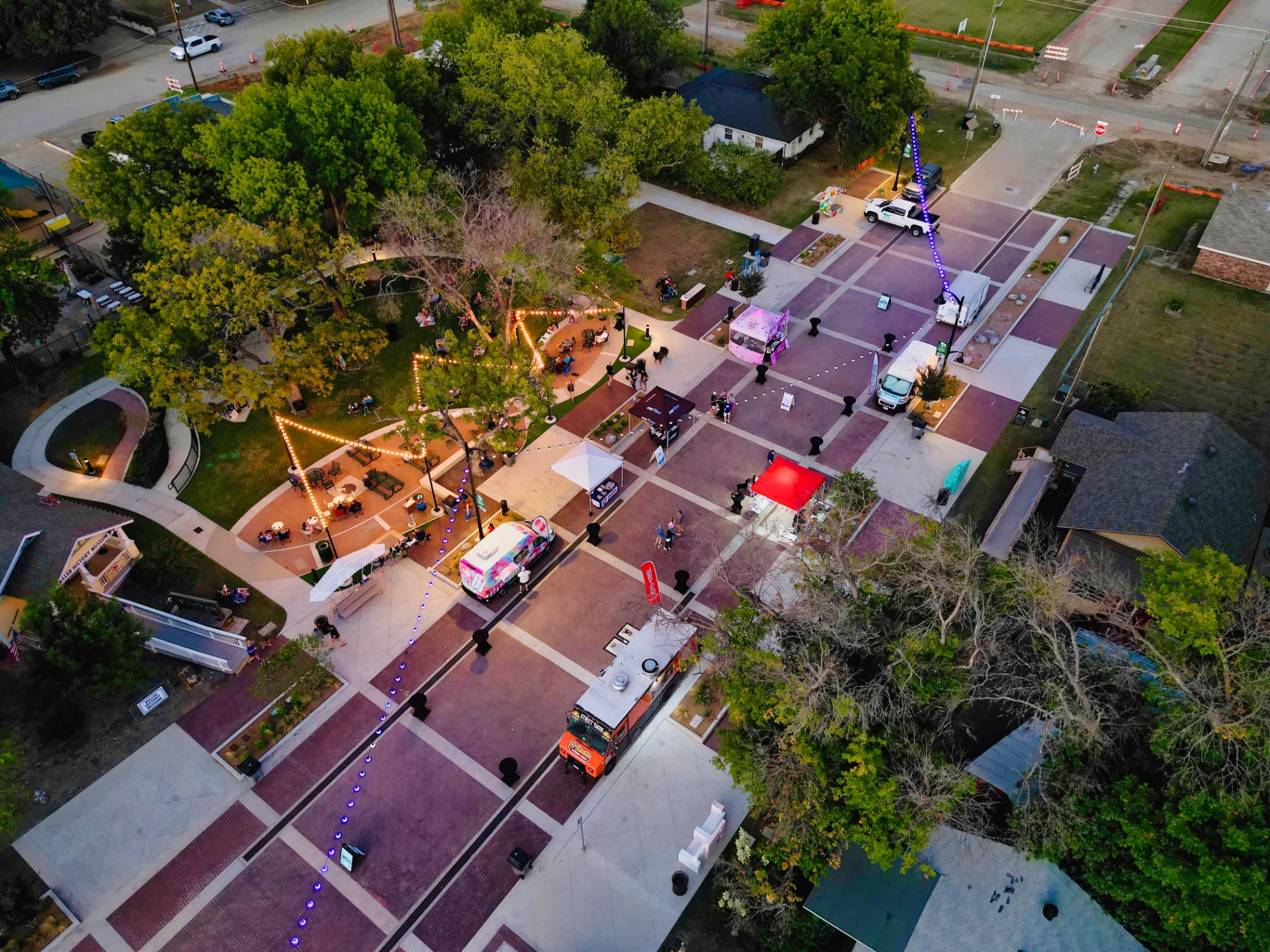 Aerial view of Bates Street and Festival Street in Old Town Keller, Texas, near Bates Street Park